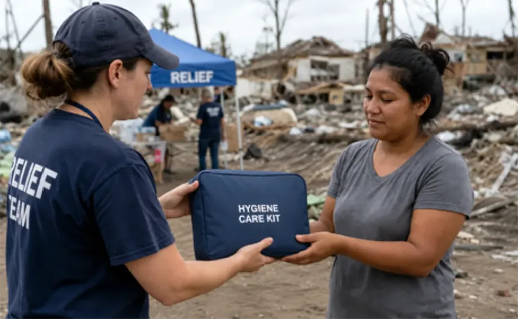 a relief worked hands a medical care package to a survivor